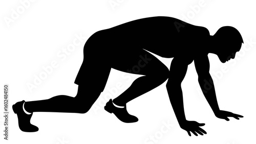 Silhouette of a Runner: A dynamic silhouette captures the intense focus and power of a runner poised at the starting line, ready to explode into action.