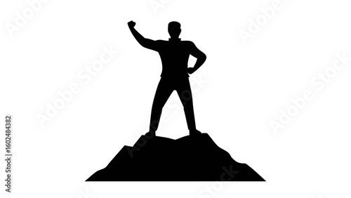 Silhouette of Triumph: A powerful silhouette of a triumphant individual standing atop a mountain peak, with fist raised in a gesture of victory. Reflecting a symbolic representation of achievement.