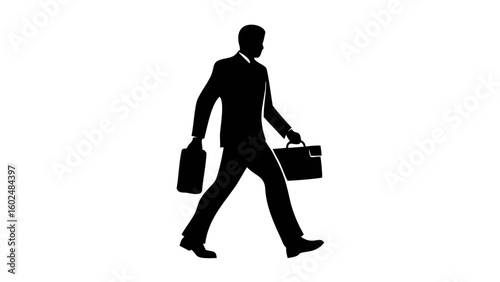 Corporate Commute: A silhouette of a suited individual strides purposefully, briefcase in hand, exemplifying professionalism and the daily business commute.