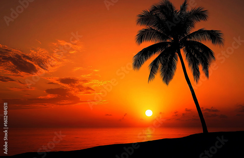 Silhouette of a palm tree against a sunset sky background