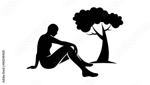 Solitary Contemplation under the Tree: A silhouette of a person sits in quiet contemplation by a stylized tree, suggesting themes of introspection, solitude, and connection to nature. 