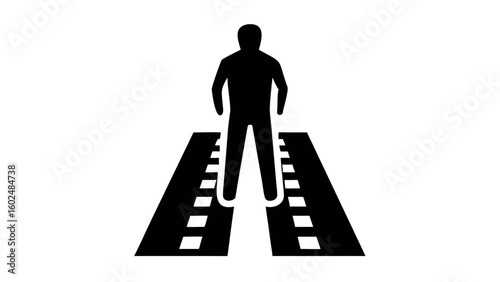 Crosswalk Symbol: A straightforward depiction of pedestrian safety, with a black and white representation of a person standing on a crosswalk, symbolizing the designated area for safe street crossing.