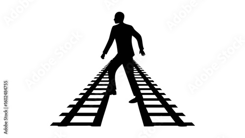 Decision Dilemma: Silhouette of a figure striding confidently along the divergent railway lines, it embodies life's crossroads, navigating choices and destiny. 
