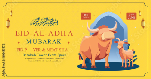 Eid Al-Adha Mubarak Banner with Cartoon Cow and Goat