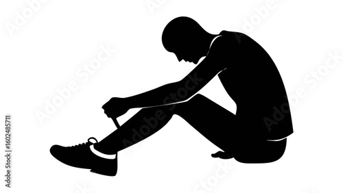 Silhouette Runner Tying Shoe: A monochromatic silhouette of a runner focuses intently, tying a running shoe, ready to spring into action. Minimalist art reflects the essence of sports and focus.