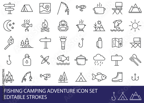Fishing Camping Adventure icons compilation set.  Vector art simple illustration icon set for web, t-shirt design, other graphic design use