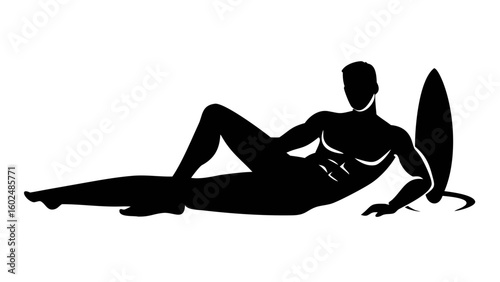 Silhouette of Relaxation: A tranquil silhouette captures the essence of leisure, featuring a relaxed individual reclining beside a surfboard, embodying the spirit of coastal serenity.