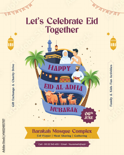 Eid Al-Adha Mubarak Celebration Instagram Post Design with Sacrificial Animals and Kaaba Scene
