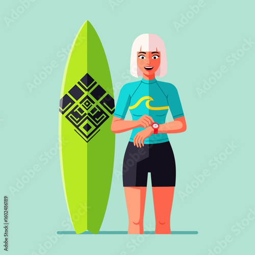 Smiling Woman with Blond Hair Checking Red Watch by Lime Green Surfboard