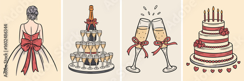 Italian Chalk Wedding Poster with Wine, Champagne Tower, Bride, Cake – Vintage Coquette Doodle Sketch for Invitations, Menus, Party Decor Vector Illustration