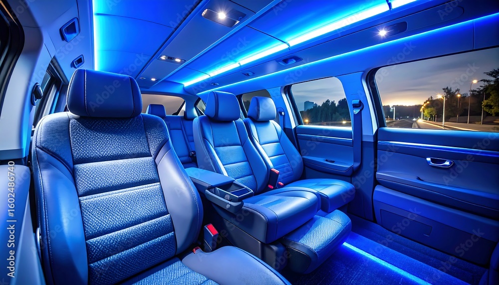 Fototapeta premium Vehicle Interior with Blue Ambient Lighting for Comfortable Travel