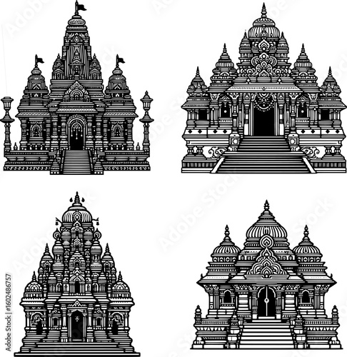 set of four black and white flat vector of a hindu temple (mandir) with towered design and traditional ornate outline.