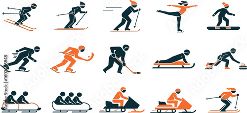 Winter Sports Vector Icon Set Adjustable Line Weight Skiing, snowboarding, ice skating, figure skating, hockey, curling, luge, sledding, bobsleigh, winter 