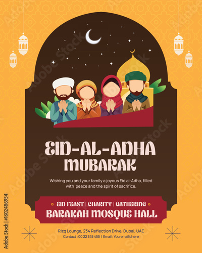 Eid Al-Adha Mubarak Instagram Post Design with Praying Muslim Family and Mosque