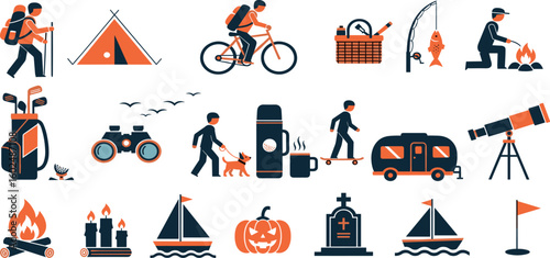 Autumn recreation and other activities icon set with adjustable line weight. Outline style icons depicting fall activities such as hiking