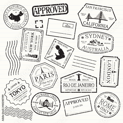 Stamp collection with various shapes: circles, squares, triangles. Vibrant stamp designs for creative projects. Colorful stamps, element vector set