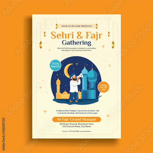 Sehri and Fajr Gathering Invitation Flyer with Islamic Man and Mosque