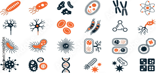 Biology and Science Vector Icon Set – Bacteria, Virus, DNA, Molecule, Cells, Neurons, Blood Cells, Stem Cells, Chromosomes, Leukocyte, Erythrocyte