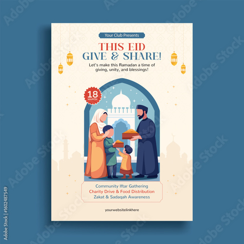 Eid Charity and Food Distribution Flyer with Muslim Family Giving