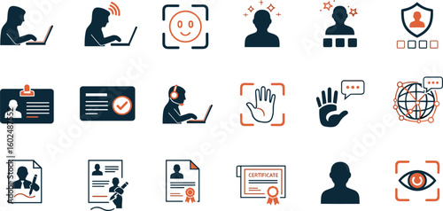Digital Identity Vector Icon Set Adjustable Line Weight Authentication, biometric, fingerprint, face recognition, cybersecurity, privacy, verification, ID card, access