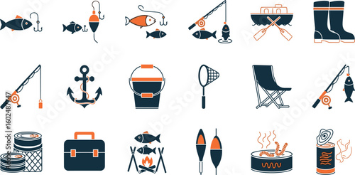 Fishing Vector Icon Set Adjustable Line Weight Fish, hook, bait, rod, tackle, fishing net, boots, bucket, catch, fisherman gear, outdoor