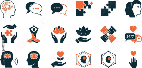 Mental Health & Therapy Vector Icon Set Adjustable Line Weight Brain, speech bubble, puzzle, conversation, meditation, lotus, support, call, empathy