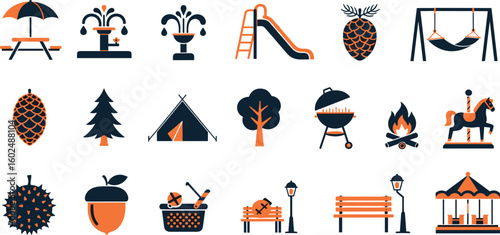 Park Vector Icon Set Adjustable Line Weight Picnic, bench, swing, carousel, tree, barbecue, acorn, tent, pinecone, fire, slide