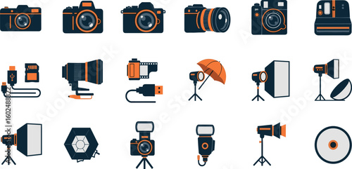 Photography Gear Vector Icon Set – DSLR Camera, Digital Camera, Lens, Filmstrip, SD Card, Tripod, Studio Flash, Reflector, Lightbox, Umbrella