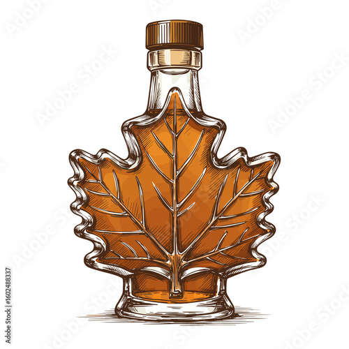 Engraved illustration of maple syrup glass bottle shaped like maple leaf, black and white sketch, vintage vector illustration, retro style for label design, packaging design, restaurant menu and brand