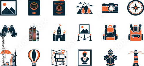 Sightseeing Trip Vector Icon Set Adjustable Line Weight Travel, camera, map, monument, museum, castle, compass, lighthouse, statue, binoculars, bus, art