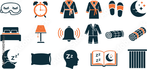 Sleep Vector Icon Set Adjustable Line Weight Bedtime, pillow, pajamas, alarm, night, dreams, sleep mask, relaxation, insomnia, bedroom, comfortable, rest