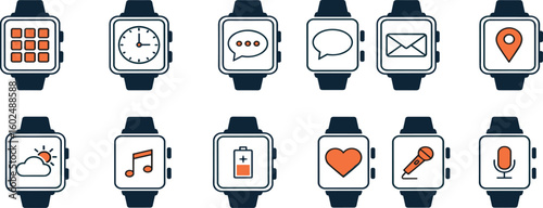 Smart Watch Vector Icon Set Adjustable Line Weight Time, apps, notifications, GPS, weather, heart rate, chat, mail, music, health, fitness