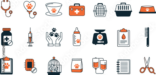 Veterinary Vector Icon Set | Adjustable Line Weight | Animal care, vet clinic, grooming, pet health, syringe, medication, stethoscope, pet nutrition, veterinary