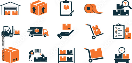 Warehouse Inventory Vector Icon Set Adjustable Line Weight Storage, logistics, delivery, packaging, barcode, forklift, shipping, pallet, stock, tracking, management, cargo,  tow color icons