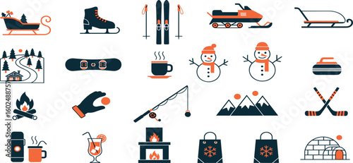 Winter Activities Vector Icon Set Adjustable Line Weight Skiing, snowboarding, sledding, hot drink, snowman, campfire, curling, snowball, hiking, igloo, fireplace icons