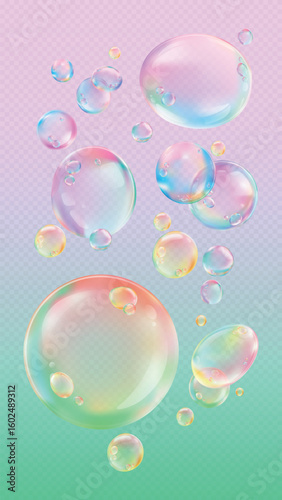 Illustration of blue bubbles. Multiple blue bubbles float on a light background. The bubbles are shiny and translucent. Blue bubbles in various sizes. Soap bubble element vector set.
