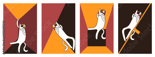 Set trendy poster cover with Whimsical cat. Modern colored Geometric background collection. Vector illustration perfect for wall poster card cover deco. EPS 10
