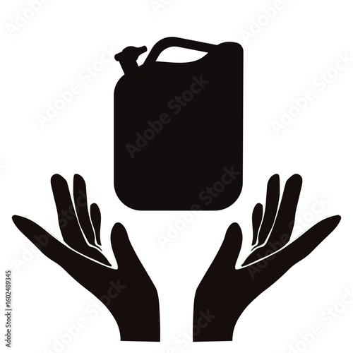 Gas station logo. Vector illustration of black hands with gas can islolated transparent background. Perfect oil filling station poster template design. EPS 10