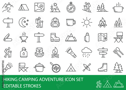 Hiking Camping Adventure icons compilation set.  Vector art simple illustration icon set for web, t-shirt design, other graphic design use
