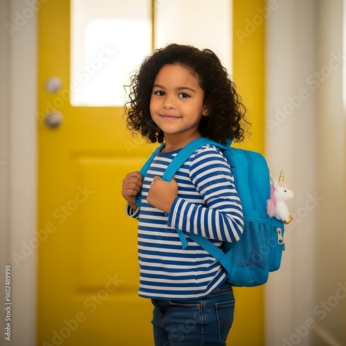 little girl carrying a bag, getting ready to go to school