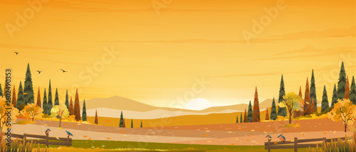 Sunset Sky background,Autumn landscape with forest tree on white background,Cartoon Scene Sunrire Sky,Cloud in Fall Season Mountain,Meadow,Orange Foliage,Vector nature with grass field in countryside