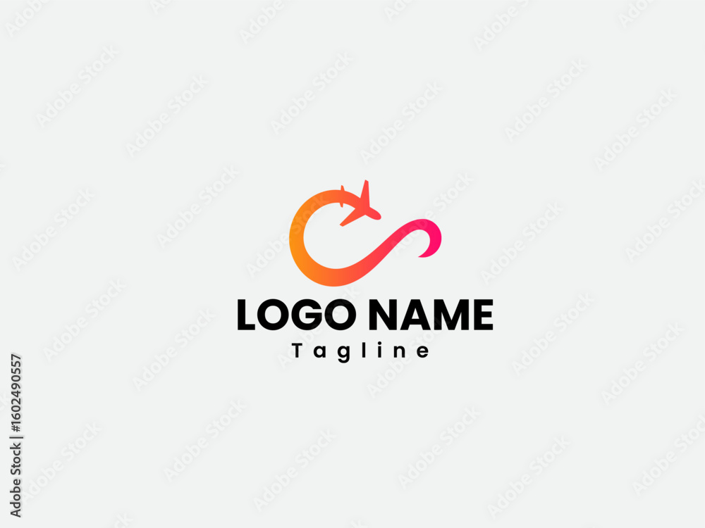 Fototapeta premium Tour company logo with infinity symbol. Infinity travel logo design with a plane and gradient color. Infinity symbol vector in an isolated background. Travel company logo design template vector.