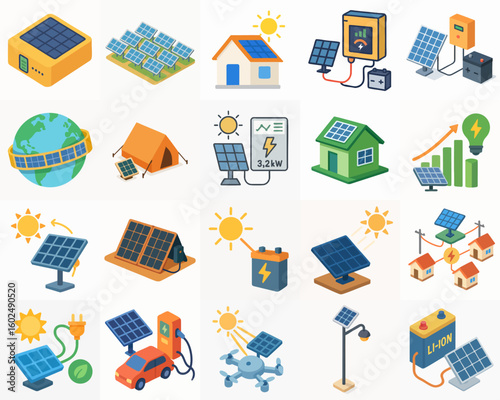 Isometric Detailed Solar Panel Energy Alternative Icons Collection Illustration