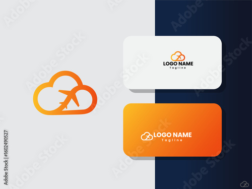 Creative travel logo design vector with a business card presentation. Tour company logo design made with a plane and a cloud. Cloud travel logo design vector in an isolated background.