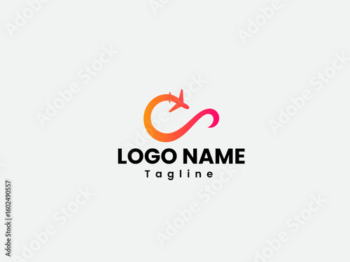 Tour company logo with infinity symbol. Infinity travel logo design with a plane and gradient color. Infinity symbol vector in an isolated background. Travel company logo design template vector.