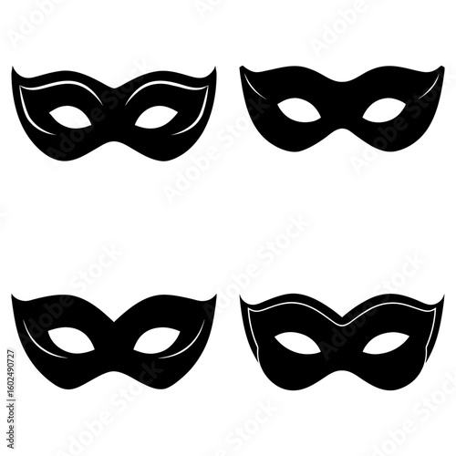 Illustration of four black masquerade masks with varying designs isolated on a white background image view