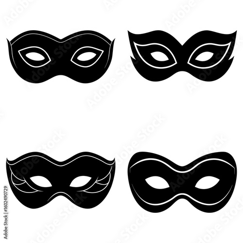 Four black masquerade masks with varying designs arranged in a square formation on a white background