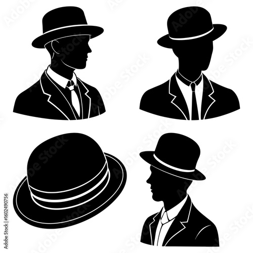Silhouettes of men wearing hats and suits with a bowler hat isolated on a white background