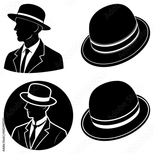 Silhouette of a man in a suit and fedora and two bowler hats in black and white vector illustration