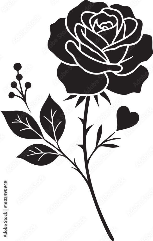 Obraz premium Elegant black silhouette of a single rose with leaves and heart detail silhouette